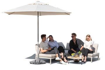 Group of friends relaxing on an outdoor sofa under a parasol and chatting, isolated on white and transparent background
