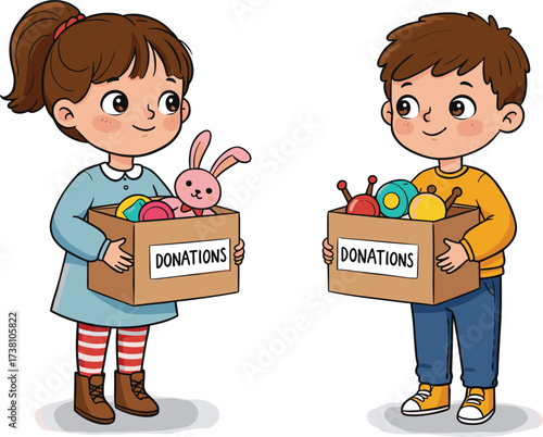 Children Holding Donation Boxes with Toys, Promoting Kindness, Charity, Sharing, Community Support, Volunteering, Generosity, Giving Back, Social Responsibility