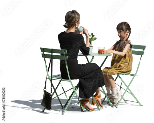 Asian woman sitting in an outdoor restaurant with her daughter, isolated on white and transparent background