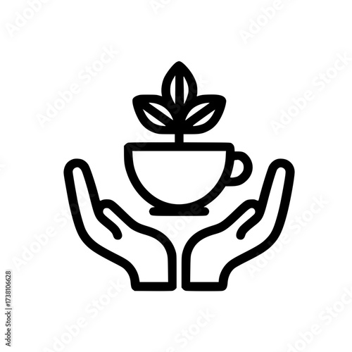Plant icon hovering above two open hands in flat vector style isolated on white background