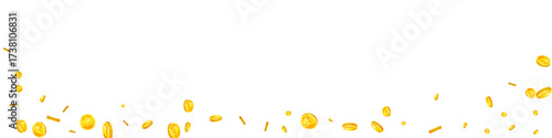 Indian rupee coins falling. Scattered gold INR
