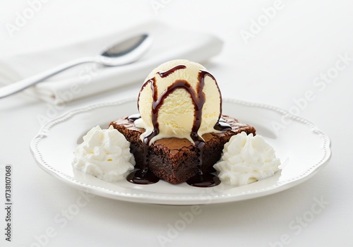 Gourmet chocolate brownie sundae with vanilla ice cream and fudge sauce.