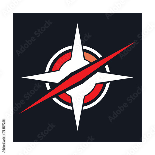 Starburst Compass Rose with Red Slash on Dark Blue Background navigation