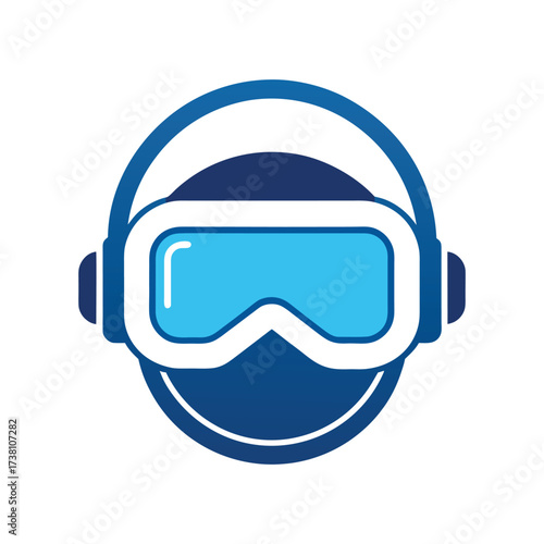 Stylized blue and white icon of ski goggles with headset snowboard winter sports