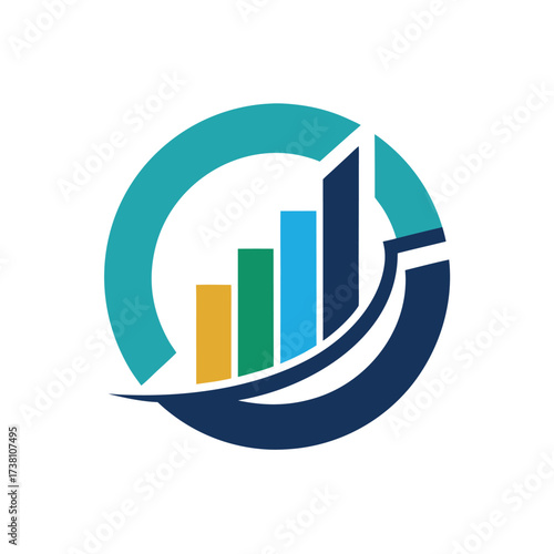 Teal and Blue Circular Graph with Upward Bar Chart and Swoosh Keywords: graph, chart, data, statistics, business, finance, growth, progress