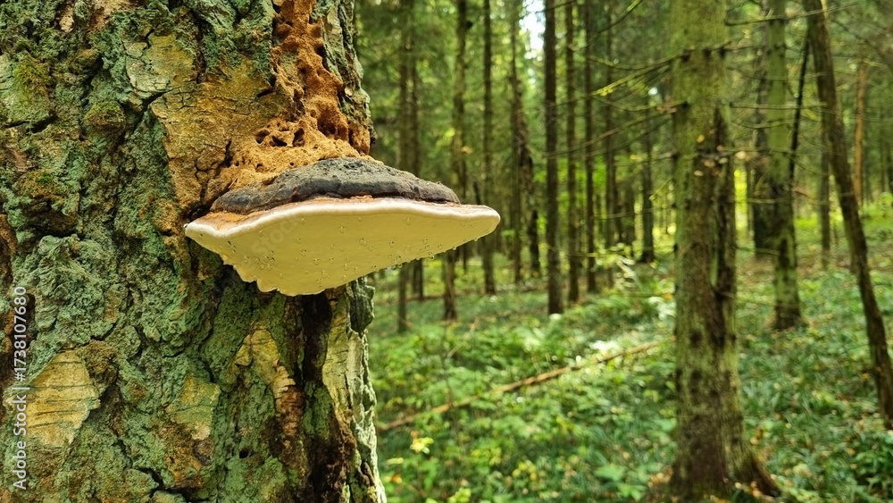 Fototapeta premium Fomes fomentarius Fungi, Hooves, Stuffed mushrooms growing on a tree in the forest. Selective focus