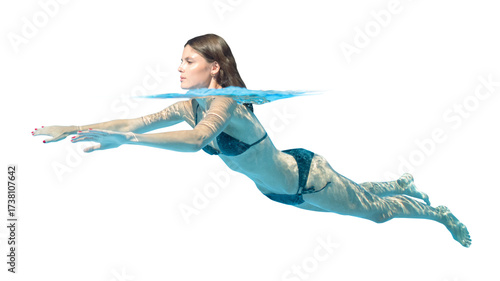 Fotografie Underwater view of a young beautiful woman swimming in the pool, isolated on whi
