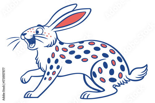 Cartoon Rabbit with Red Spots, Blue Outline on White Background