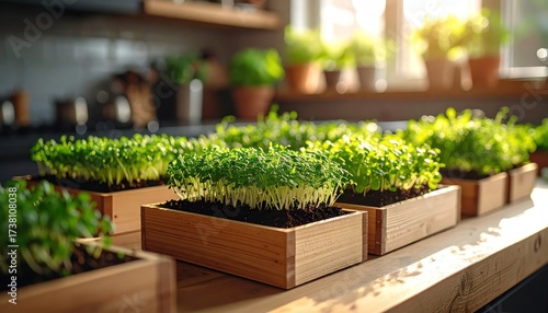 Microgreens in wooden planters on kitchen countertop.