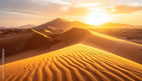 Golden Hour in Desert with Rolling Sand Dunes and Mountain Silhouette Under the Bright Sun in a Warm Toned Landscape