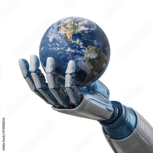 Robotic arm holding planet earth symbolizing technology future global automation innovation progress isolated on white background