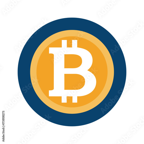 White Bitcoin symbol on orange circle with dark blue border on white background cryptocurrency