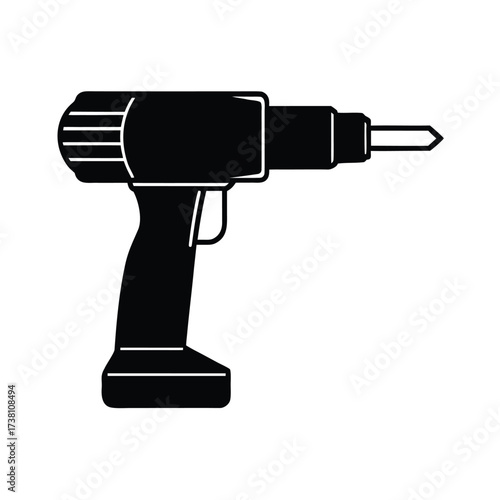Minimalist black silhouette of a drill on a clean white background