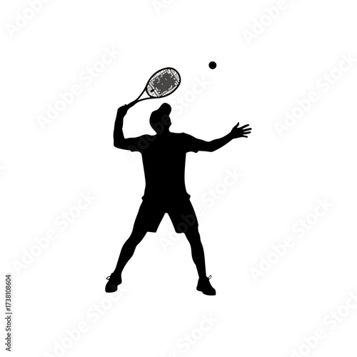 Tennis player silhouette hitting ball during match on white background
