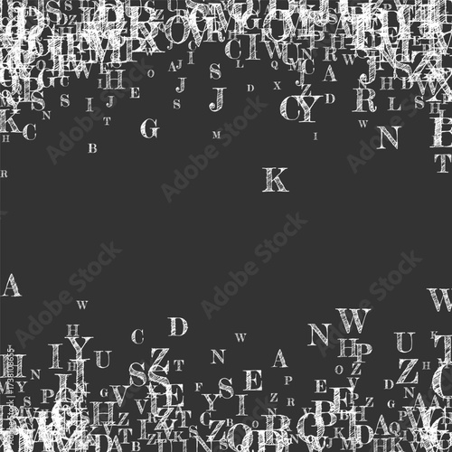 Flying latin letters. White chalk  scattered