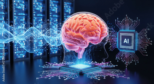 Stunning 3D Brain AI Concept with Futuristic Servers and Data Networks - Innovative Tech Stock Photo

