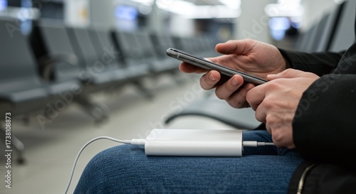 Hands hold a smartphone connected to a power bank, highlighting modern portable charging technology.Concept of mobile technology and portable charging.
