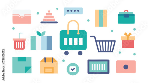Modern flat vector illustration of e commerce shopping icons and elements