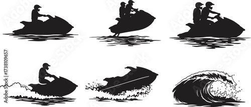 Jet ski silhouettes vector set with riders, ocean waves, water splashes, extreme water sports adventure icons for stock illustration design"