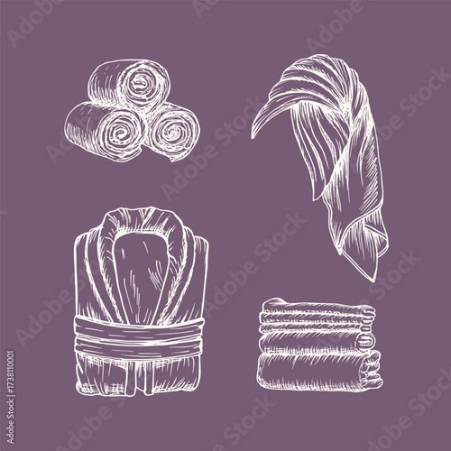 Bathrobe folded, towel on head, rolled and folded towels - sketch illustration set. Drawing in engraving style. Hand-drawn vector outline line art clipart, isolated