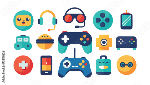 Collection of 20 flat vector gaming icons including controllers and joysticks for digital design and applications