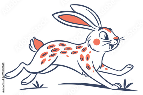 Cartoon Running Rabbit with Coral Spots, Simple on White Background