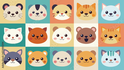 Collection of diverse animal faces in vibrant cmyk colors featuring cats dogs and more