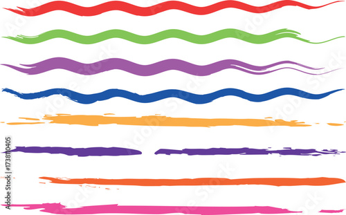 Unique Artistic Vector Pack of Colorful Grungy Zigzag Brush Stroke Pattern Elements Designed with Handcrafted Paint Textures on White Background