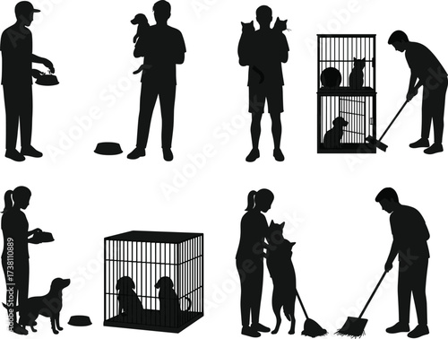 Animal shelter silhouette, pet care, feeding dogs, cleaning cages, holding cats, interaction, vector art, black figures, volunteer work, compassion, rescue scene