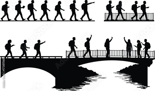 Bridge walking silhouettes, group travel, backpack hikers, outdoor journey, scenic crossing, people on bridge, nature exploration, vector set, black icons, motion poses
