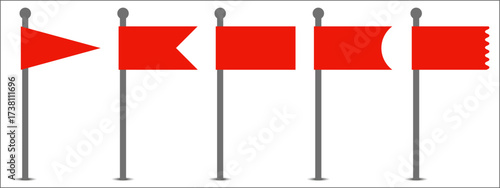 Red Flag icons. Set of simple flags on metal poles isolated on background. Vector illustration.