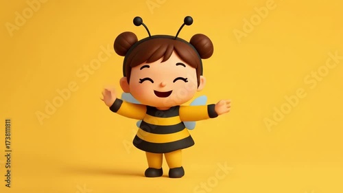 Happy Dancing Girl Dressed as a Bee for Halloween. Seamless Loop