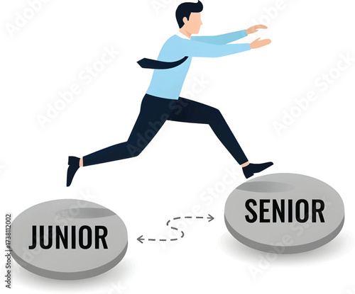 Man jumping from junior to senior position, career advancement illustration.