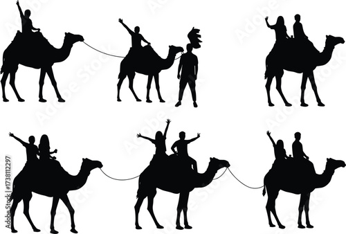 Camel riding silhouettes, desert travel, adventure tourism, guided camel trek, rider celebration, rope leading, cultural journey, vector set, black icons, motion poses