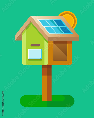 An ecofriendly mailbox with a large solar panel on the roof providing enough energy for lighting and charging of electronic devices.. Vector illustration