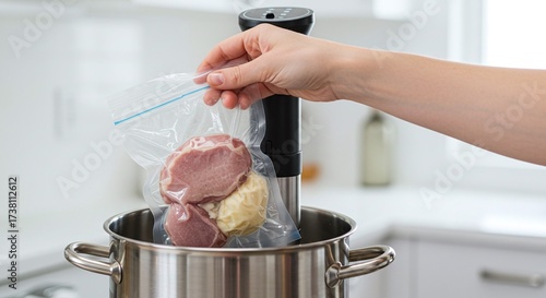 A hand places a sealed bag of food into a sous vide machine, highlighting modern cooking technology.Concept of modern kitchen technology and food preparation.