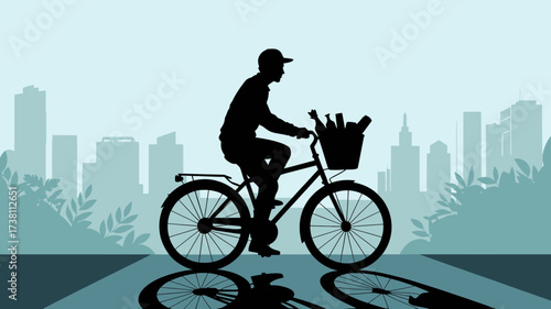 Stylish silhouette of bicycle courier delivering goods in city, perfect for eco-friendly business, urban lifestyle, and sustainable delivery campaigns