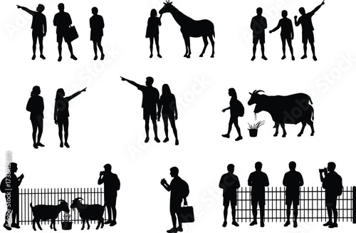 Children silhouettes, zoo visit, animal interaction, outdoor activity, educational moment, black vector figures, giraffe and goat, nature learning, group outing, observation scene