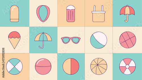 Collection of 16 stylized summer icons featuring sunglasses beach elements and tropical motifs