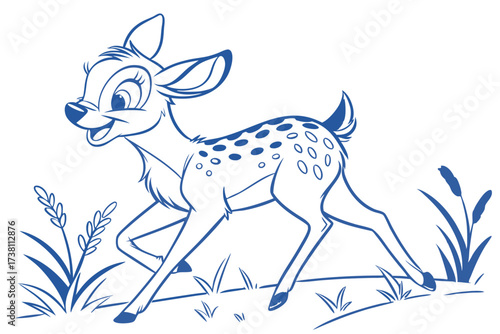 Cartoon Spotted Fawn Trotting in Field, Blue Outline on White Background