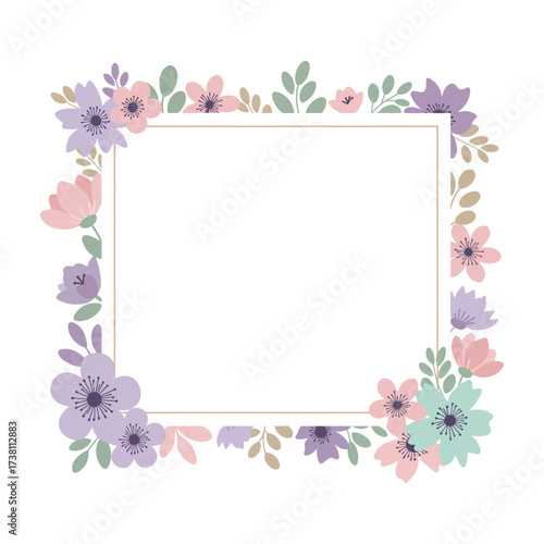 Square frame adorned with pastel-colored flowers and leaves in a decorative arrangement.