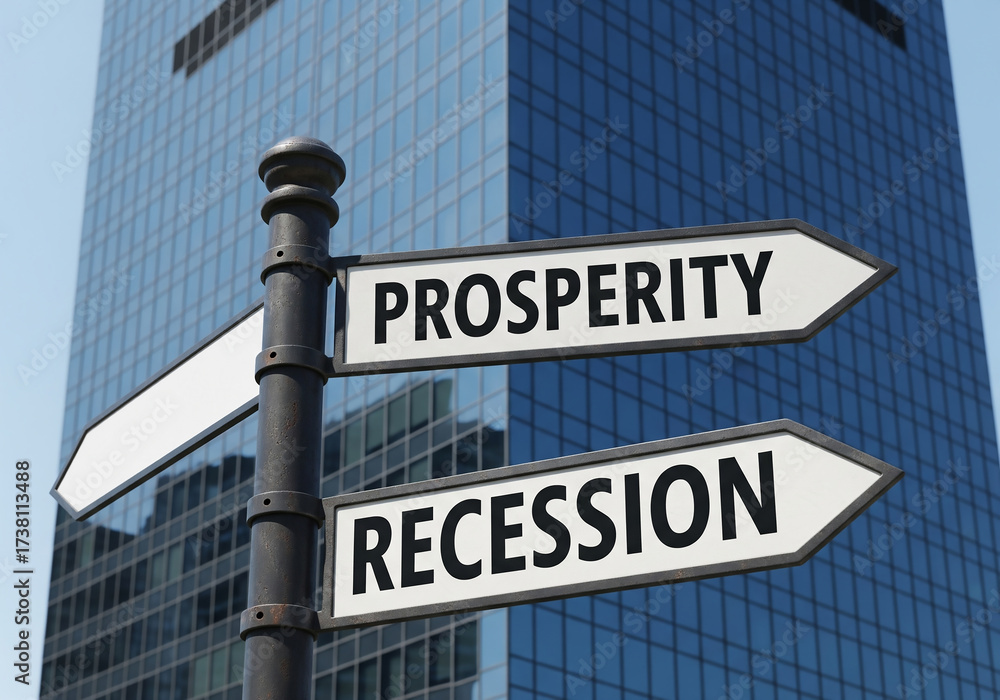 Obraz premium Prosperity and Recession choices on street sign with business building