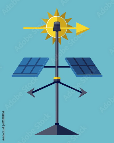 An array of solar panels adorning the sides of a traditionallooking weather vane providing constant power to measure wind direction and velocity.. Vector illustration