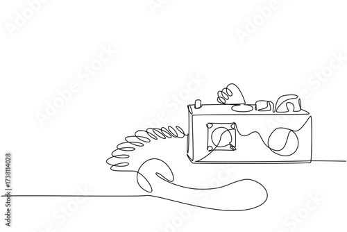 Single continuous line drawing vintage military radio with the receiver placed underneath. Like a satellite phone. Helpful. Amateur Radio Military Appreciation Day. One line design vector illustration