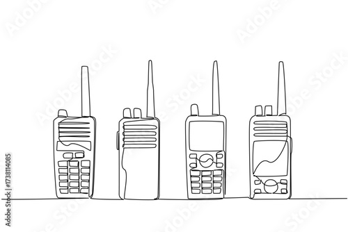 Single one line drawing several handie talkies placed in a row. Four different types with the same function. Device Amateur Radio Military Appreciation Day. Continuous line design graphic illustration
