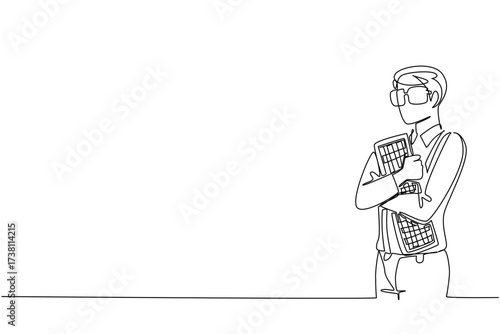 Single one line drawing a man wear long sleeved shirt with suspender hugging a computer keyboard. Hug tightly to get creative ideas. Think. Geek Pride Day. Continuous line design graphic illustration
