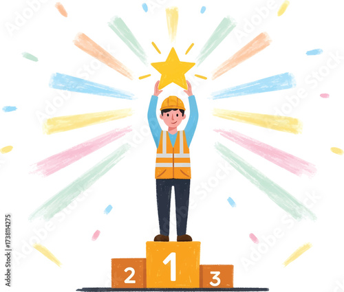 Construction worker on podium holding star, celebrating success.