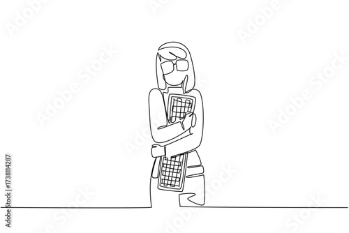 Single continuous line drawing woman dressed as nerd, hugging computer keyboard. Hold tightly. Not willing to lose. Connected to inanimate objects. Geek Pride Day. One line design vector illustration