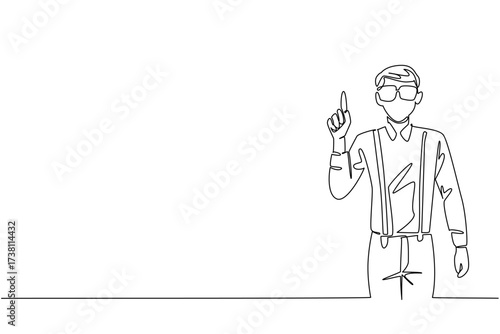 Single one line drawing man wear long sleeved shirt with suspenders raises one of his index fingers. Funny gestures from the most genius. Geek Pride Day. Continuous line design graphic illustration