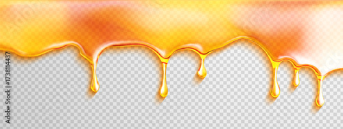 Honey Drip Slime Melt Oil Realistic Caramel Gooey Syrup Drop. A sweet stream of amber syrup flows down for a tasty background or border with a smooth sticky texture.